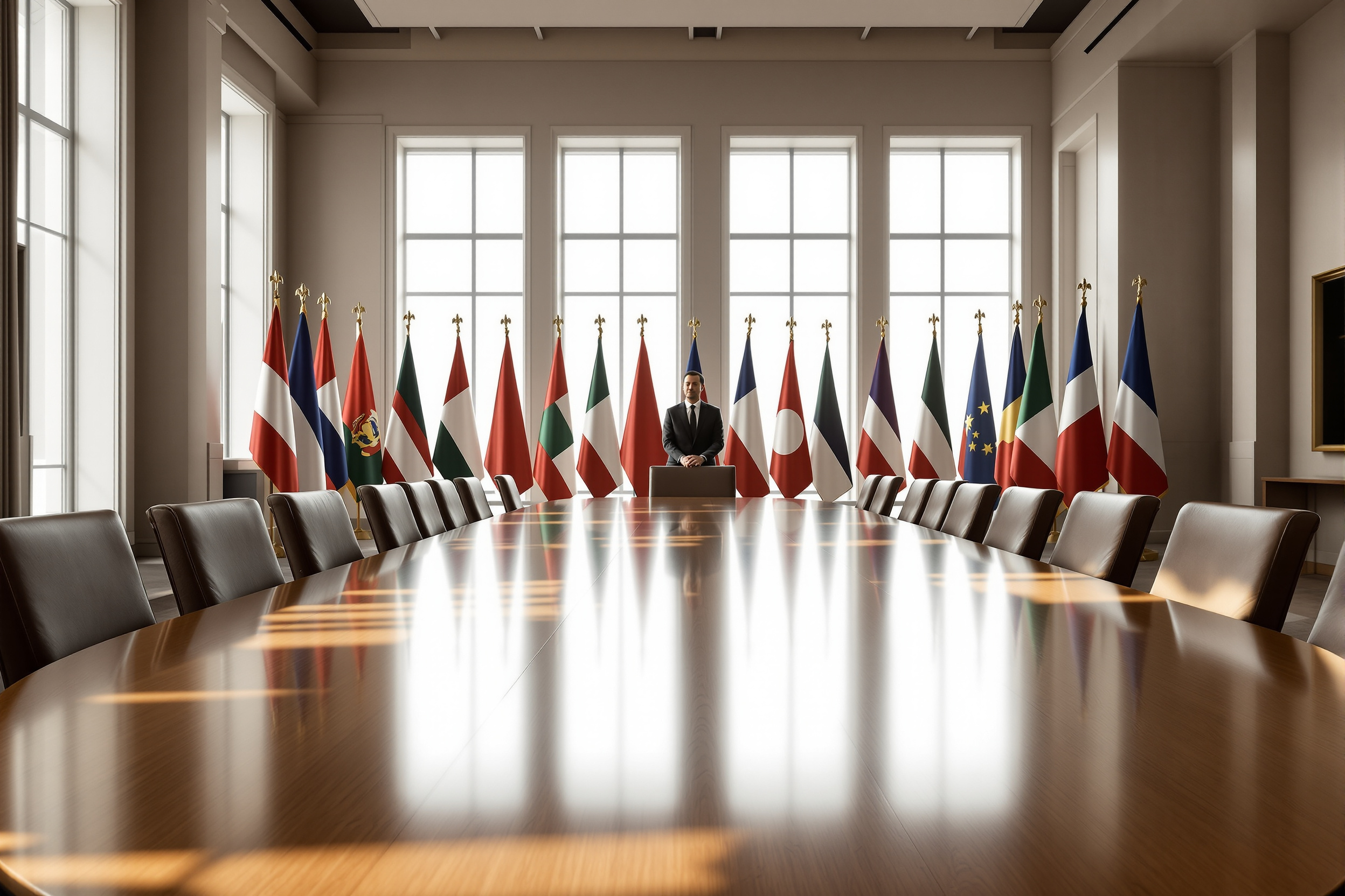 An international round-table meeting hall with national flags and delegates seated around a large table
