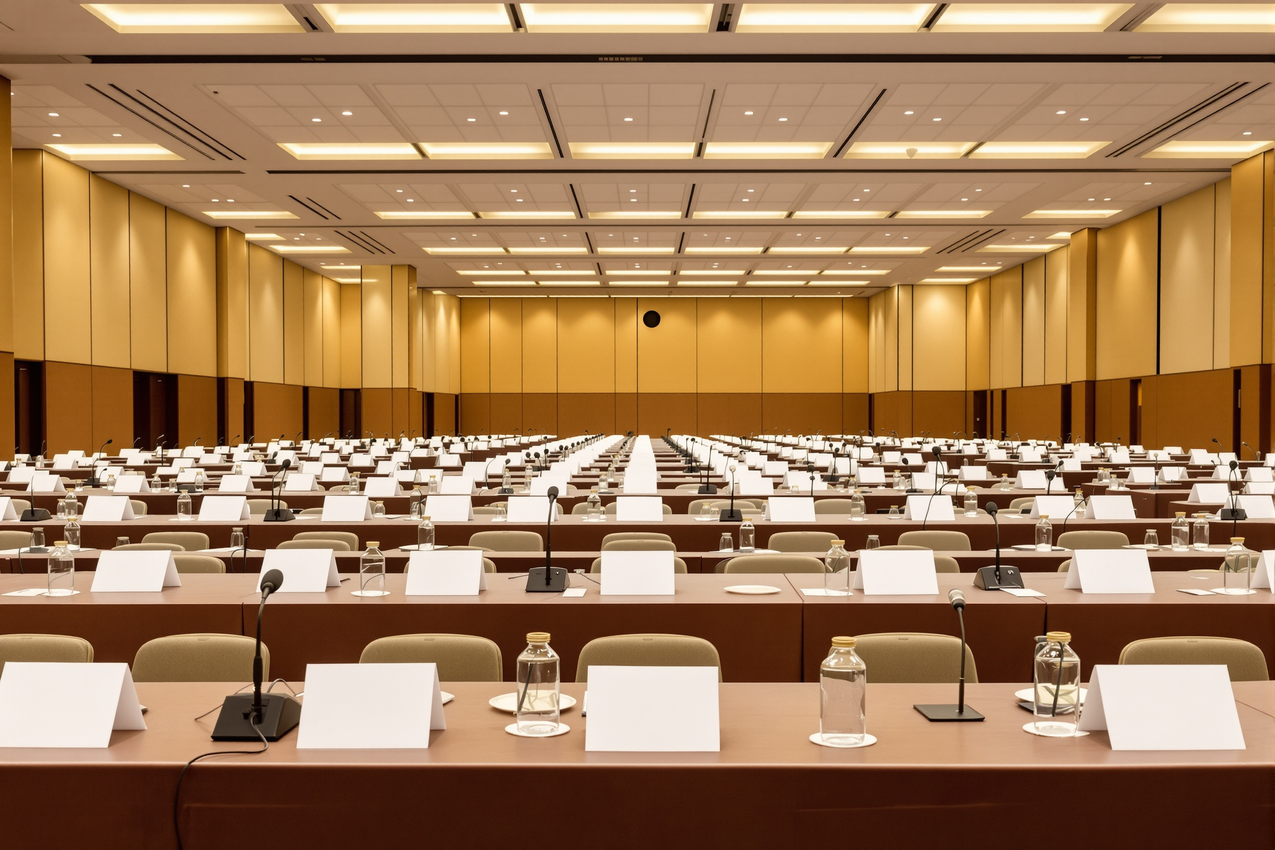 A conference hall set for an international meeting, rows of desks with name-card placeholders and water glasses