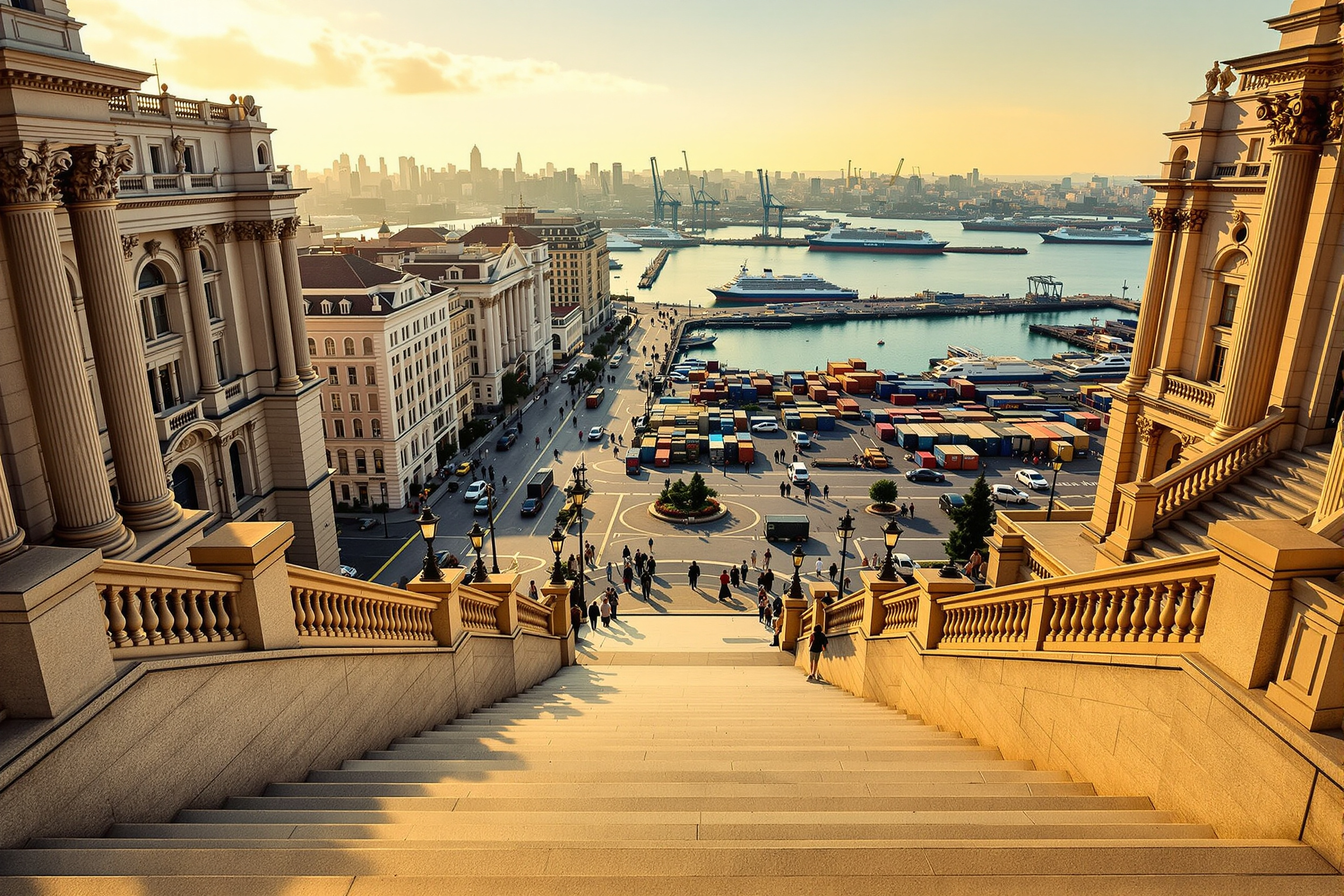 Grand neoclassical port city with a monumental stone staircase descending to a Black Sea harbour