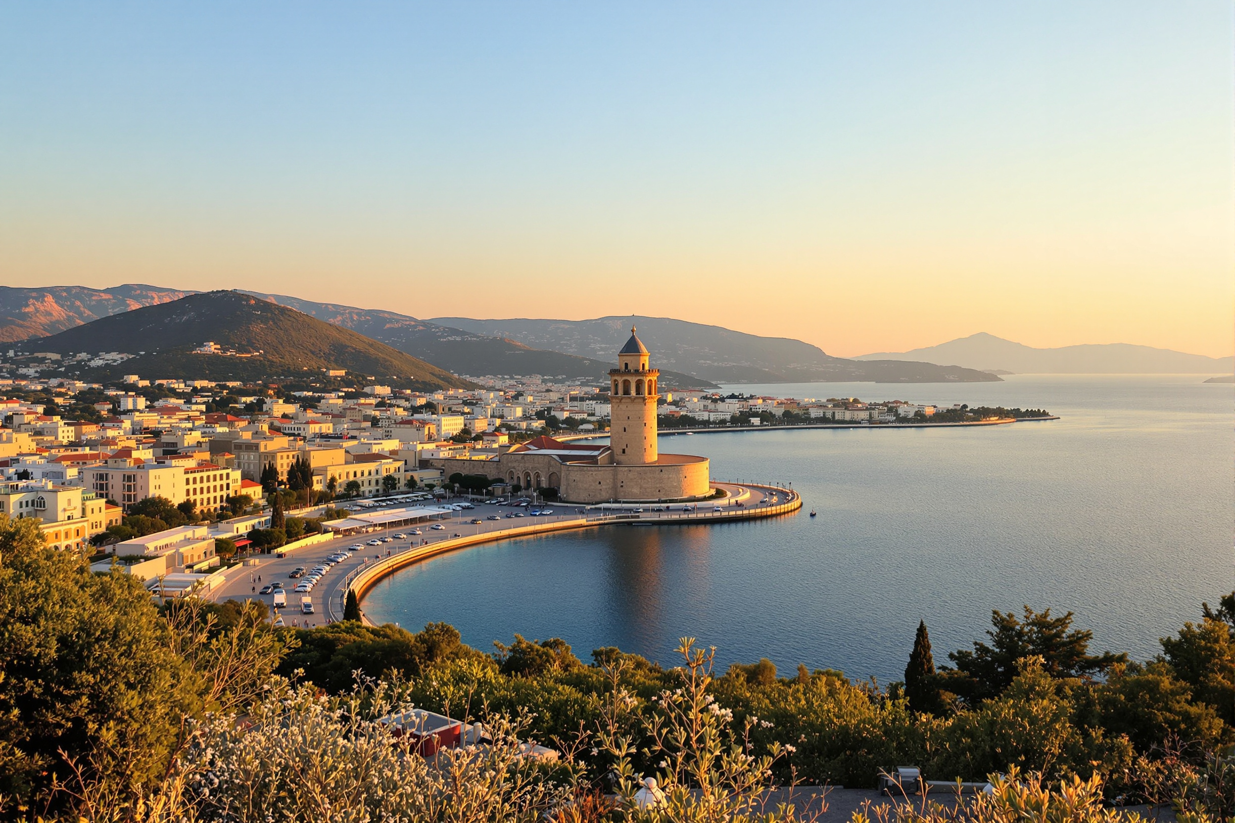 Aegean port city curving around a gulf with a historic waterfront tower and promenade