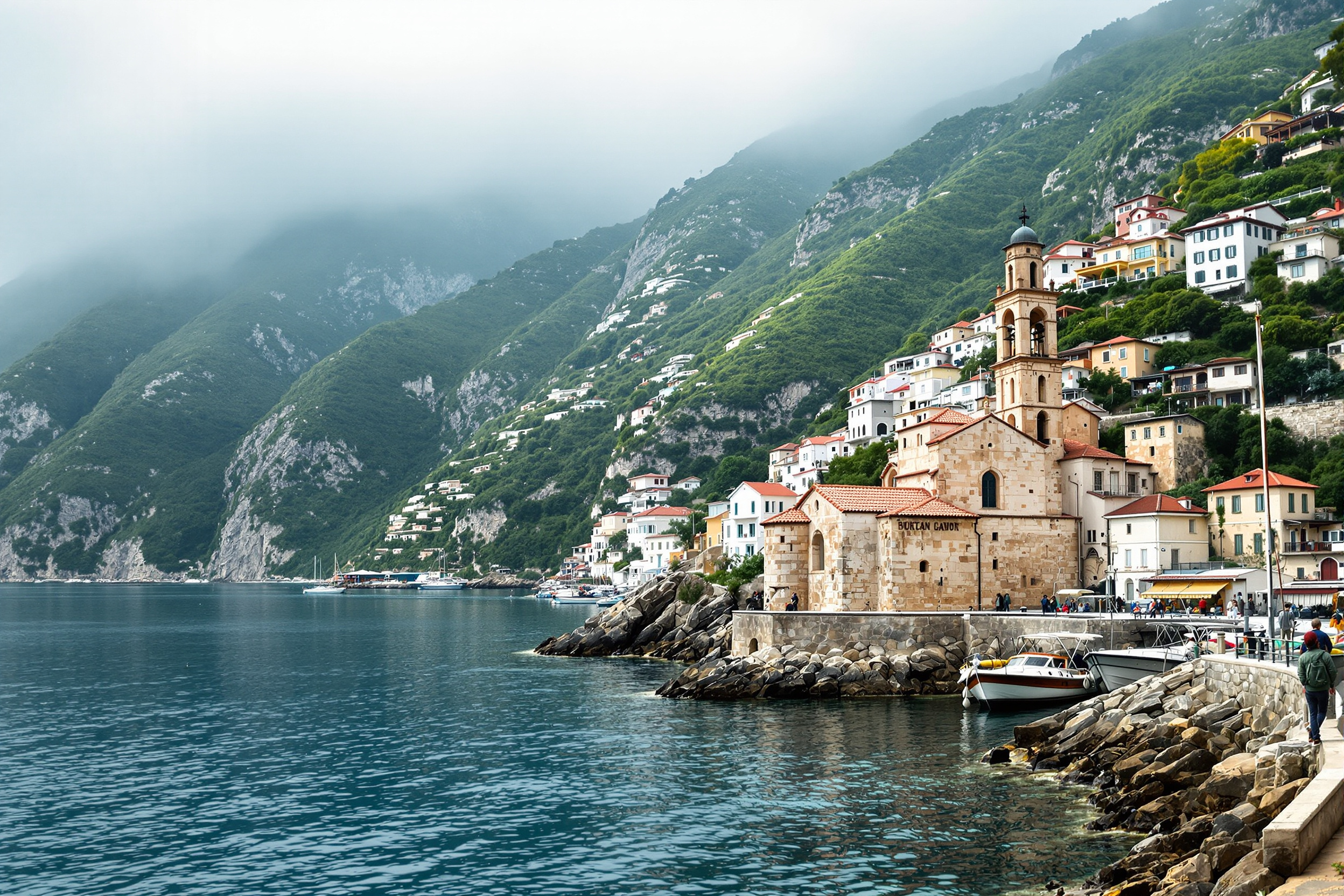 Southern Black Sea harbour town with green mountains descending to the sea and a Byzantine church