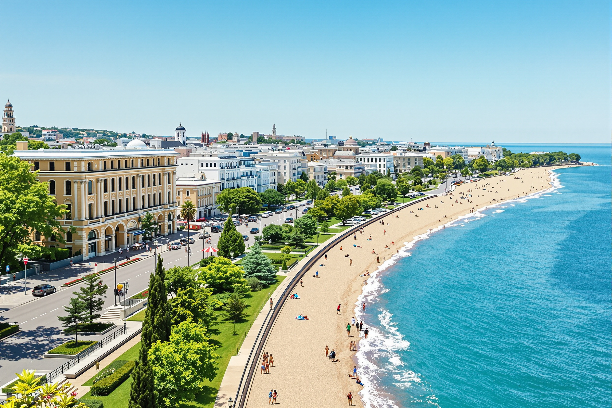 Black Sea resort city with a seaside garden park meeting a sandy beach and promenade