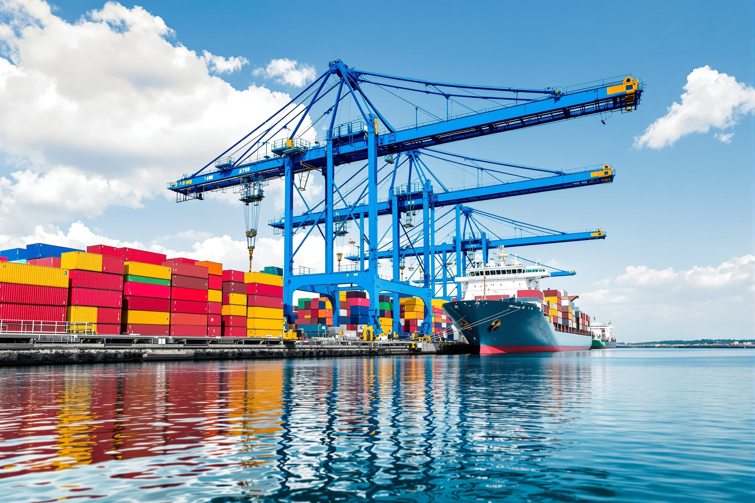 A busy commercial seaport with gantry cranes, stacked shipping containers and a cargo vessel at berth