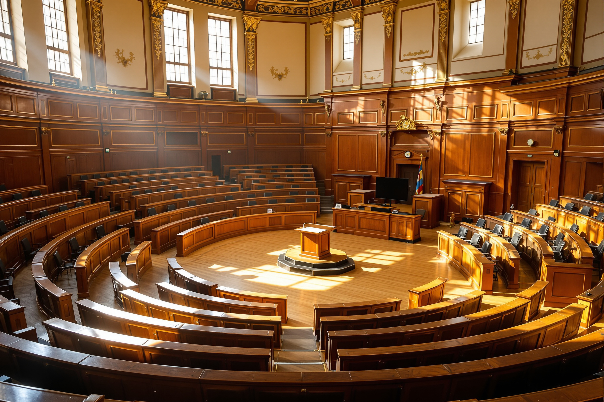 A formal council chamber with tiered seating and a speaker's rostrum, empty and lit by daylight