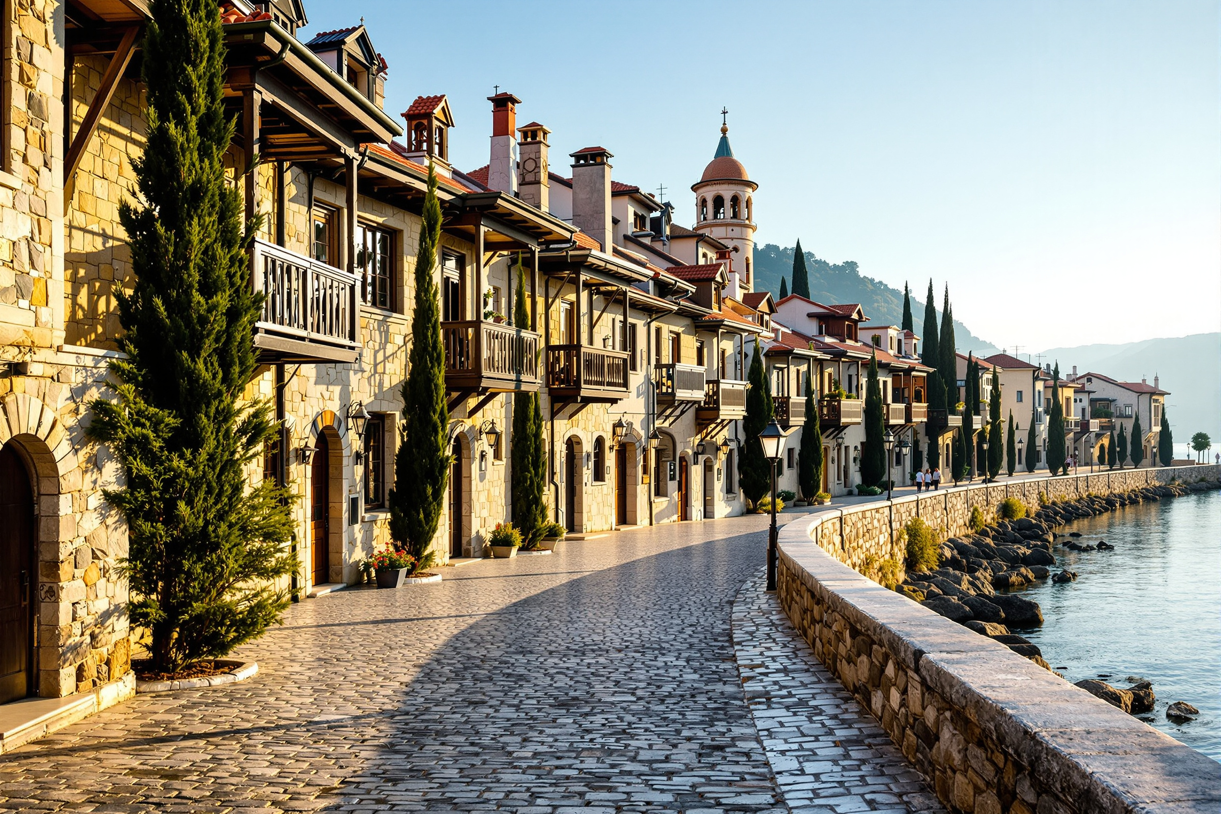 A historic seaside old town with cobbled streets, stone houses and a promenade above a calm bay