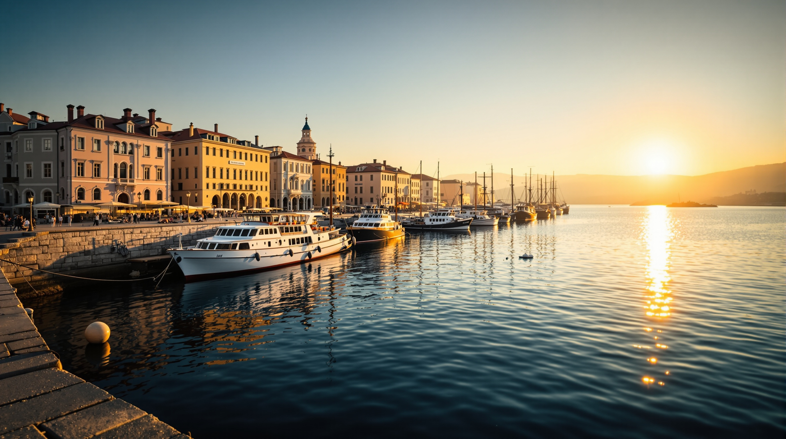 Panoramic view of a historic Black Sea harbour at golden hour with moored ships