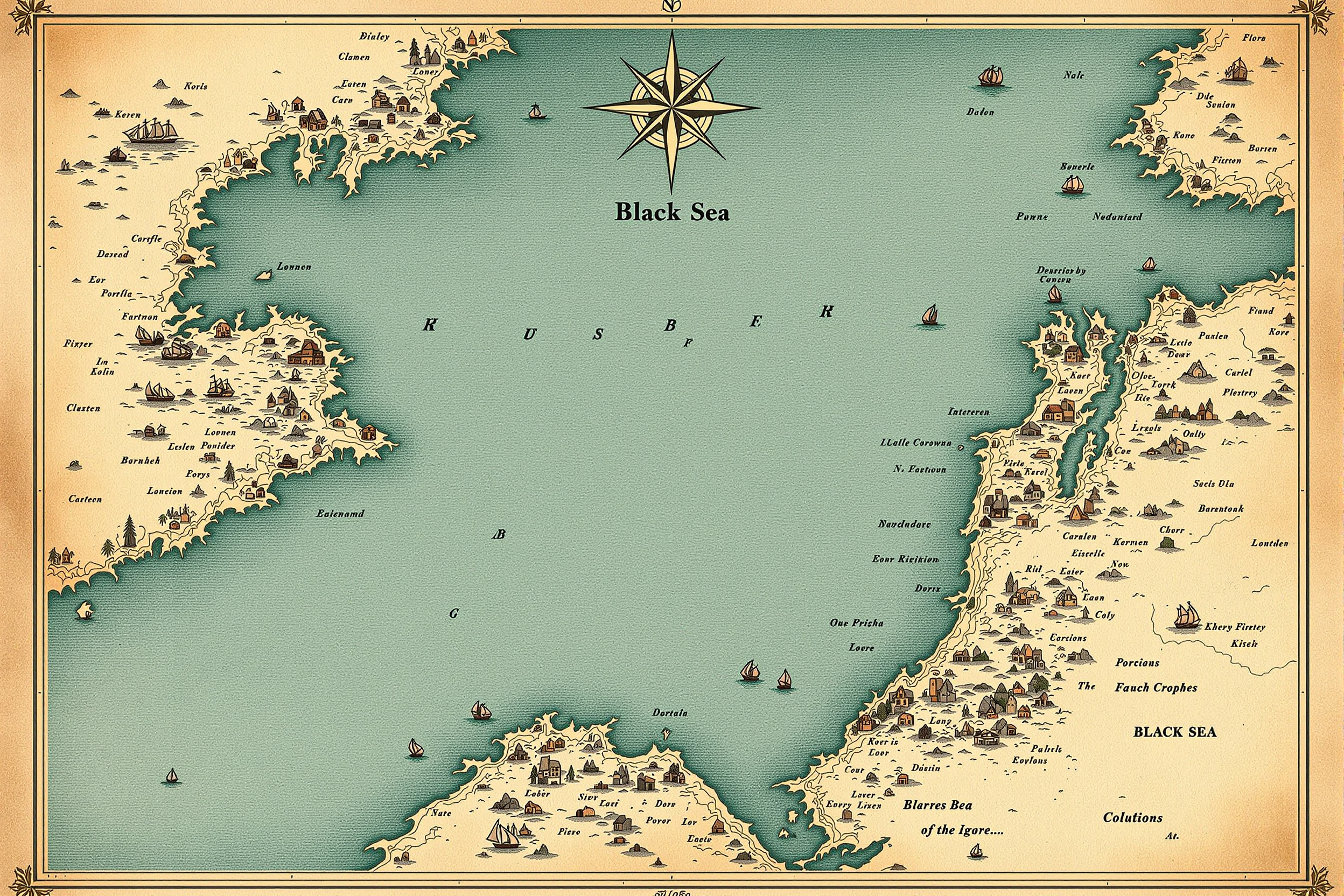 Antique-style illustrated map of the Black Sea basin showing coastlines and port towns