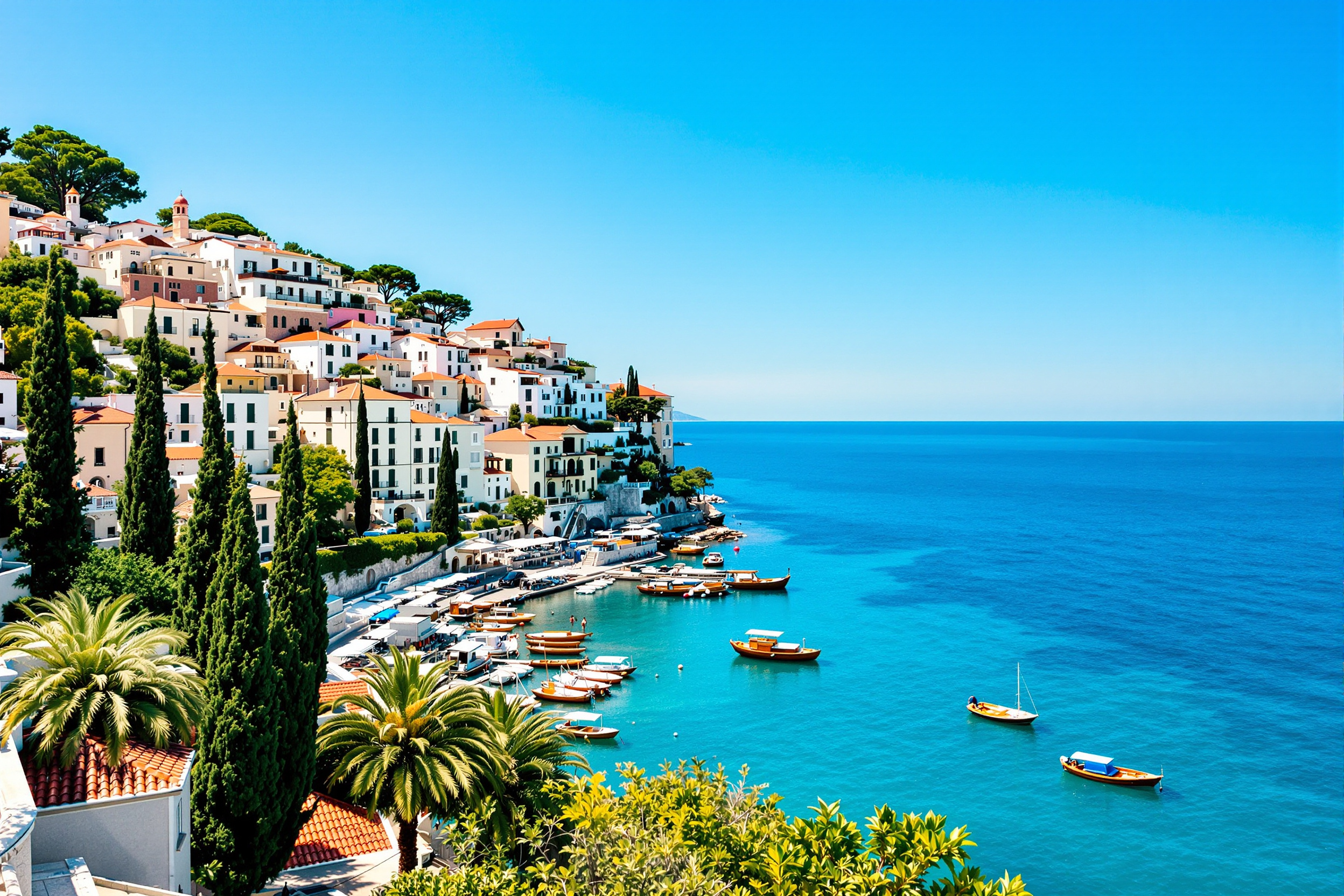 A sweeping Black Sea coastline with a terraced seaside town descending to a harbour