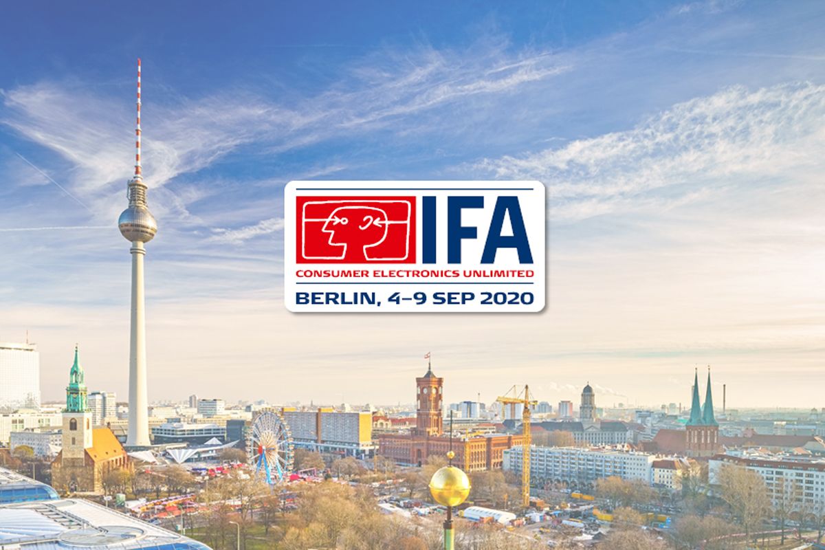 IFA / IFA Exhibition City logo with tall tower and partly cloudy sky