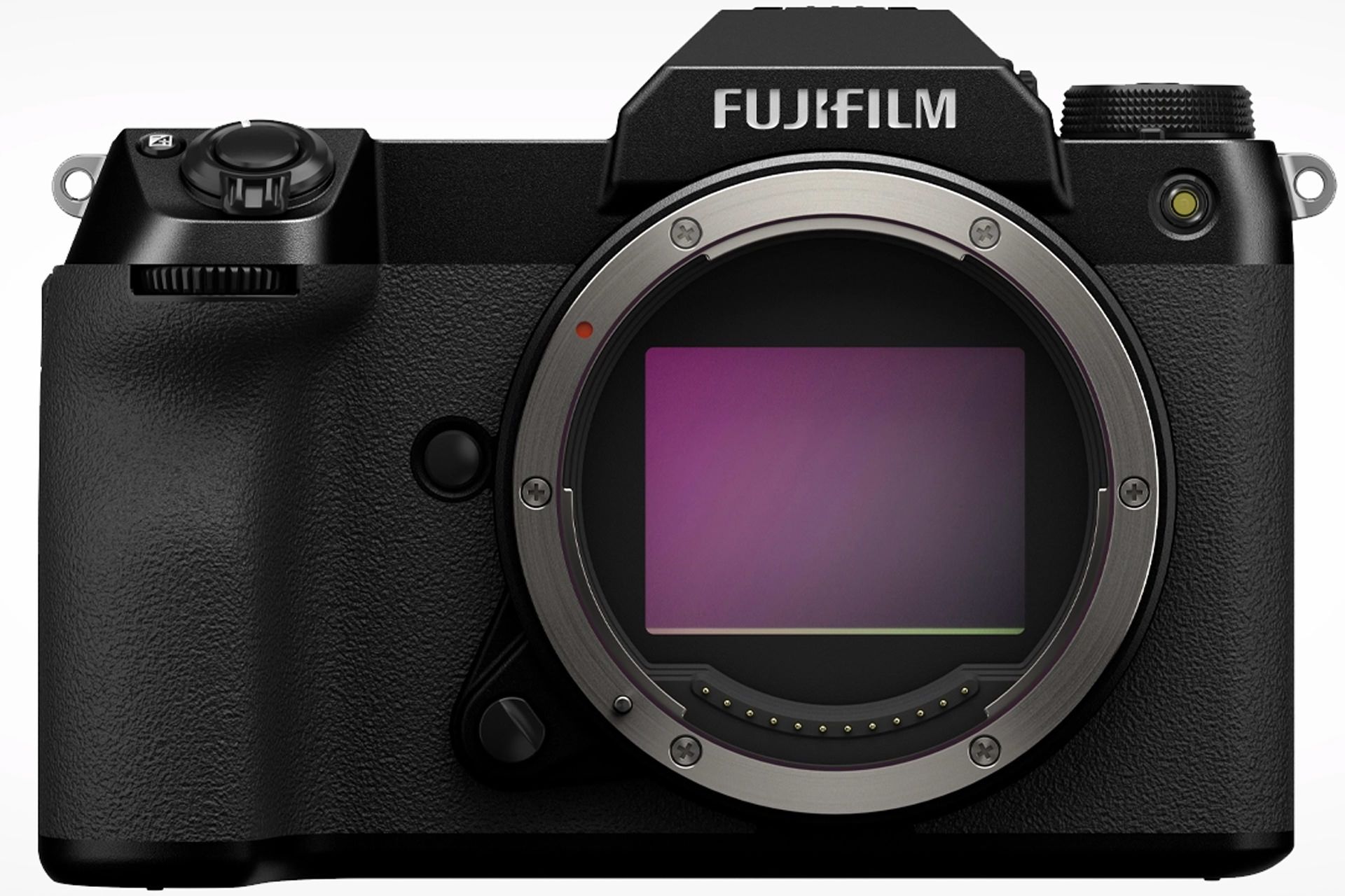 Front view of Fujifilm GFX100S camera without lens