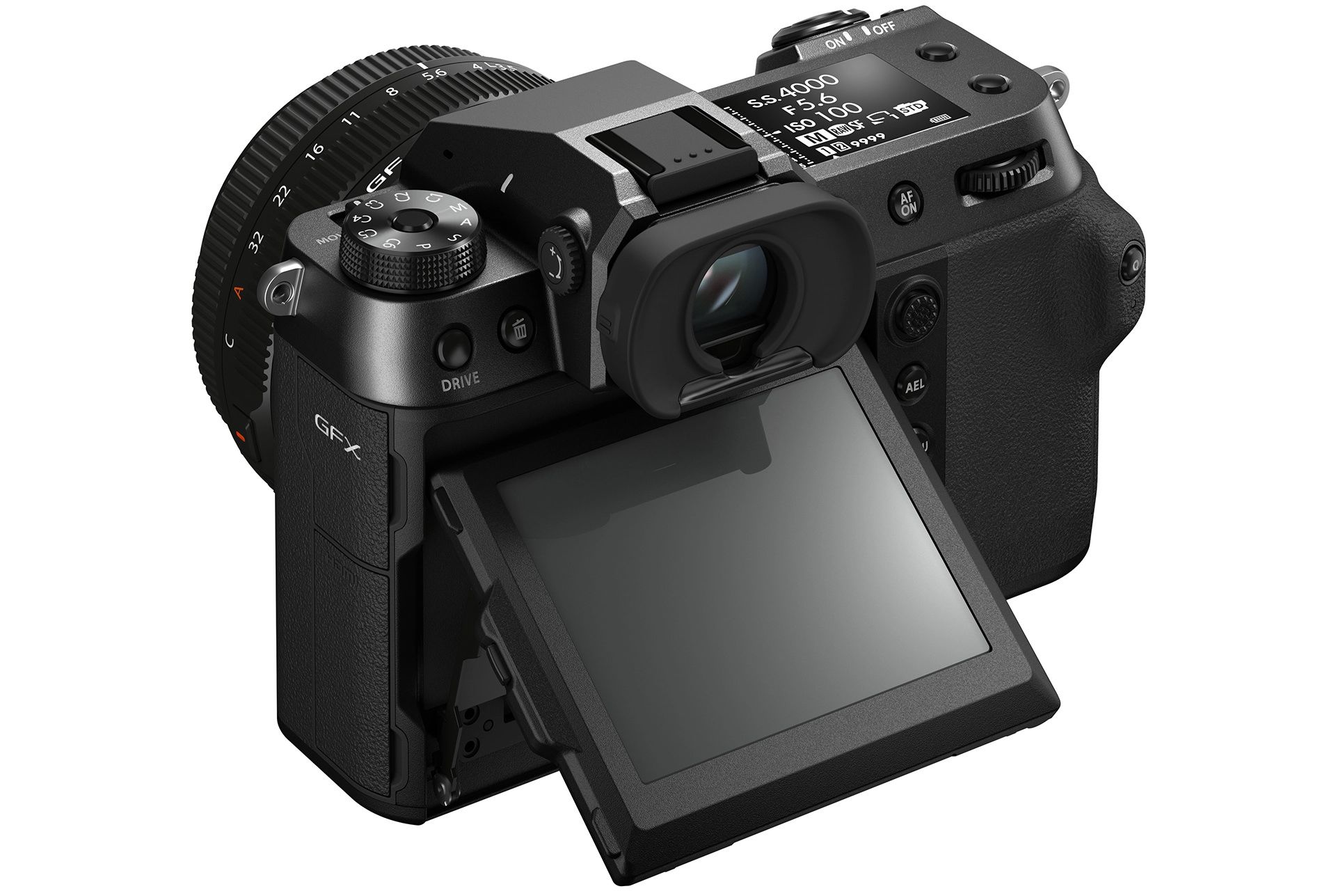 The back of the Fujifilm GFX100S camera with LCD display